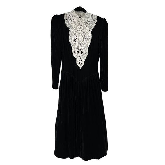 Vintage Jessica McClintock Bridal Black Velvet Lace‎ Crochet Victorian Dress - Picture 1 of 12